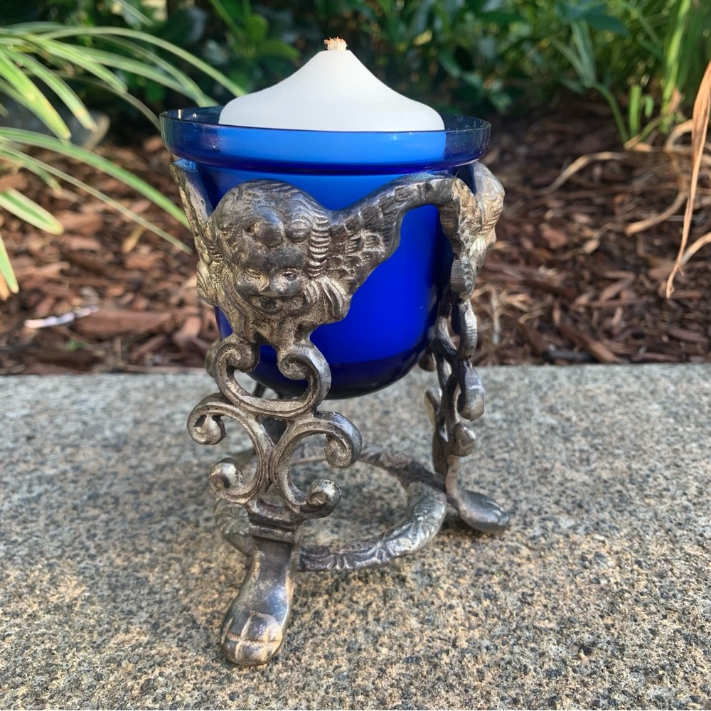 Vintage Angel Cherub Silver Tone Brass Cobalt Glass Votive Candle Holder